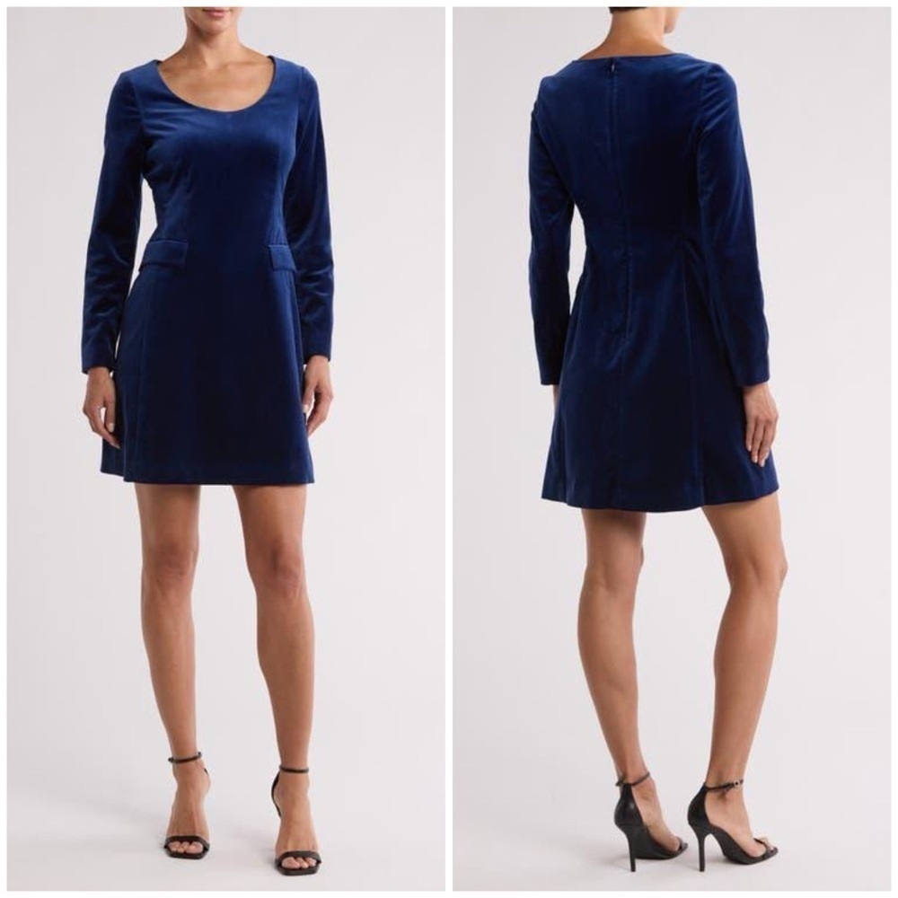 New Theory Stretch Velvet Velour Shift Dress Flap Pockets Long Sleeve Blue Sz 2